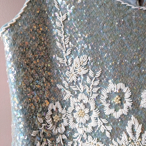Vintage Regalia Imports Sequin Tank White Floral Beads on Blue Wool L - Picture 14 of 16